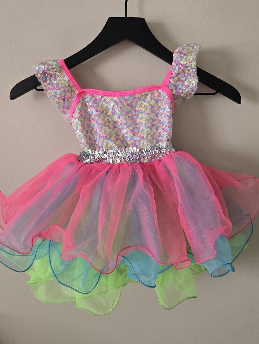 Girls Bright Neon Sequin embellished leotard tutu with layered skirt XSC GUC